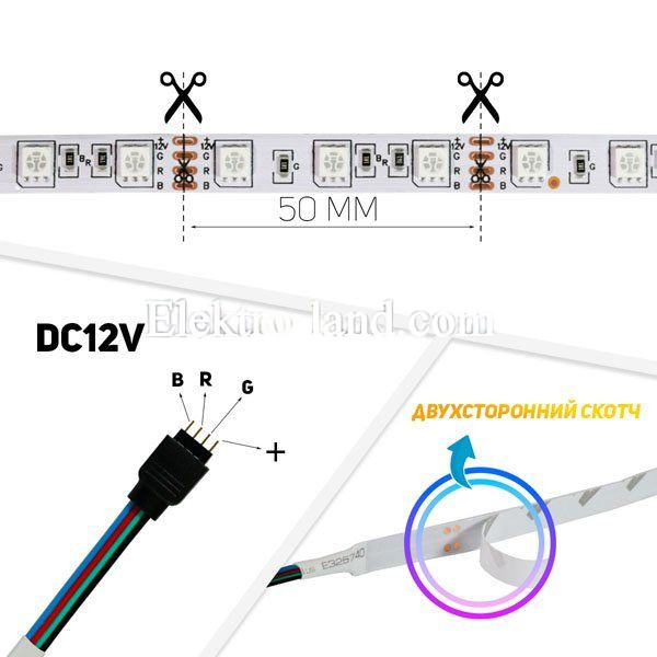 Светодиодная лента B-LED 5050-60 RGB IP65  многоцветная, герметичная, 1м